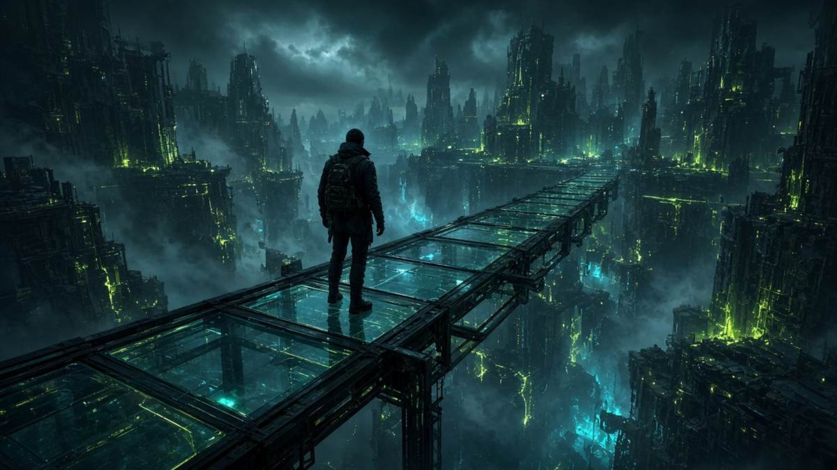 Exploratrice sur un pont de verre au-dessus de la cité Lumenveil